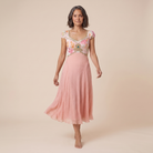 Blaze Cloud Dress in pink chiffon, model walking shot — walk