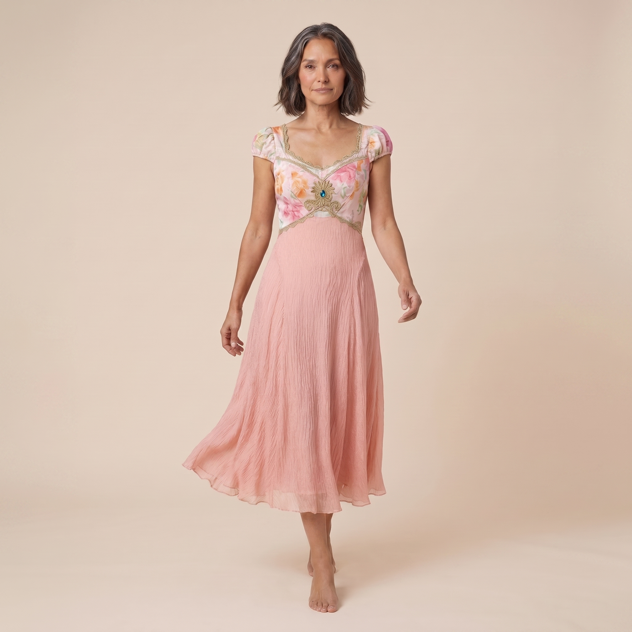 Blaze Cloud Dress in pink chiffon, model walking shot — walk