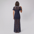 Bora Midi Dress sheer lace back with centre zip, model back view — back