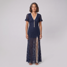 Bora Midi Dress in navy boho floral lace with cream trim, model front view — front