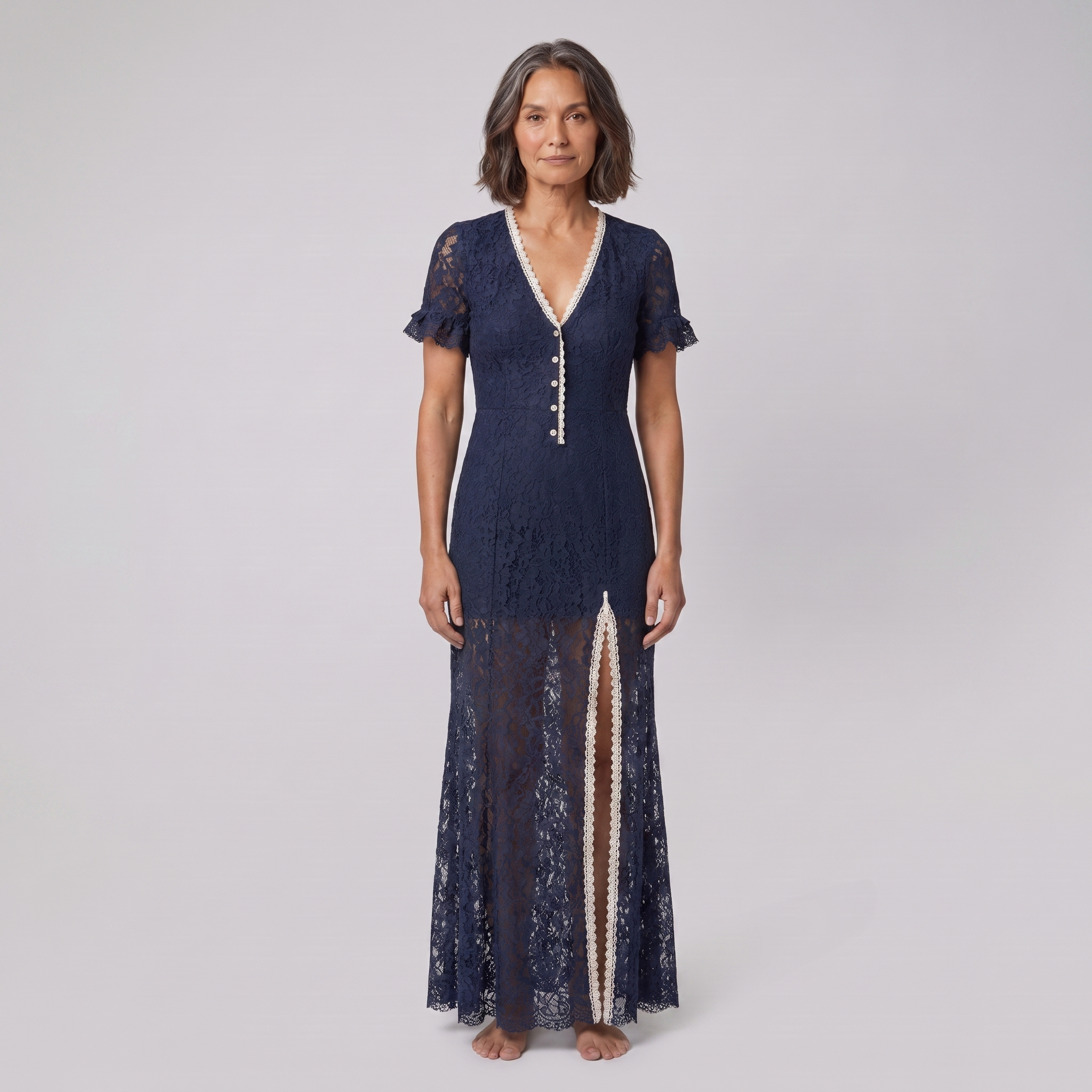 Bora Midi Dress in navy boho floral lace with cream trim, model front view — front