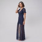 Bora Midi Dress in navy floral lace, model three-quarter side view — side