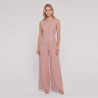 Dusty rose pink halter-neck wide-leg jumpsuit, front view
