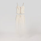 Cream lace-up corset top and wide-leg trouser set, product flat-lay