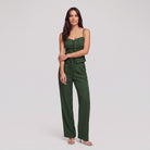 Forest green lace-up corset top and wide-leg trouser set, front view