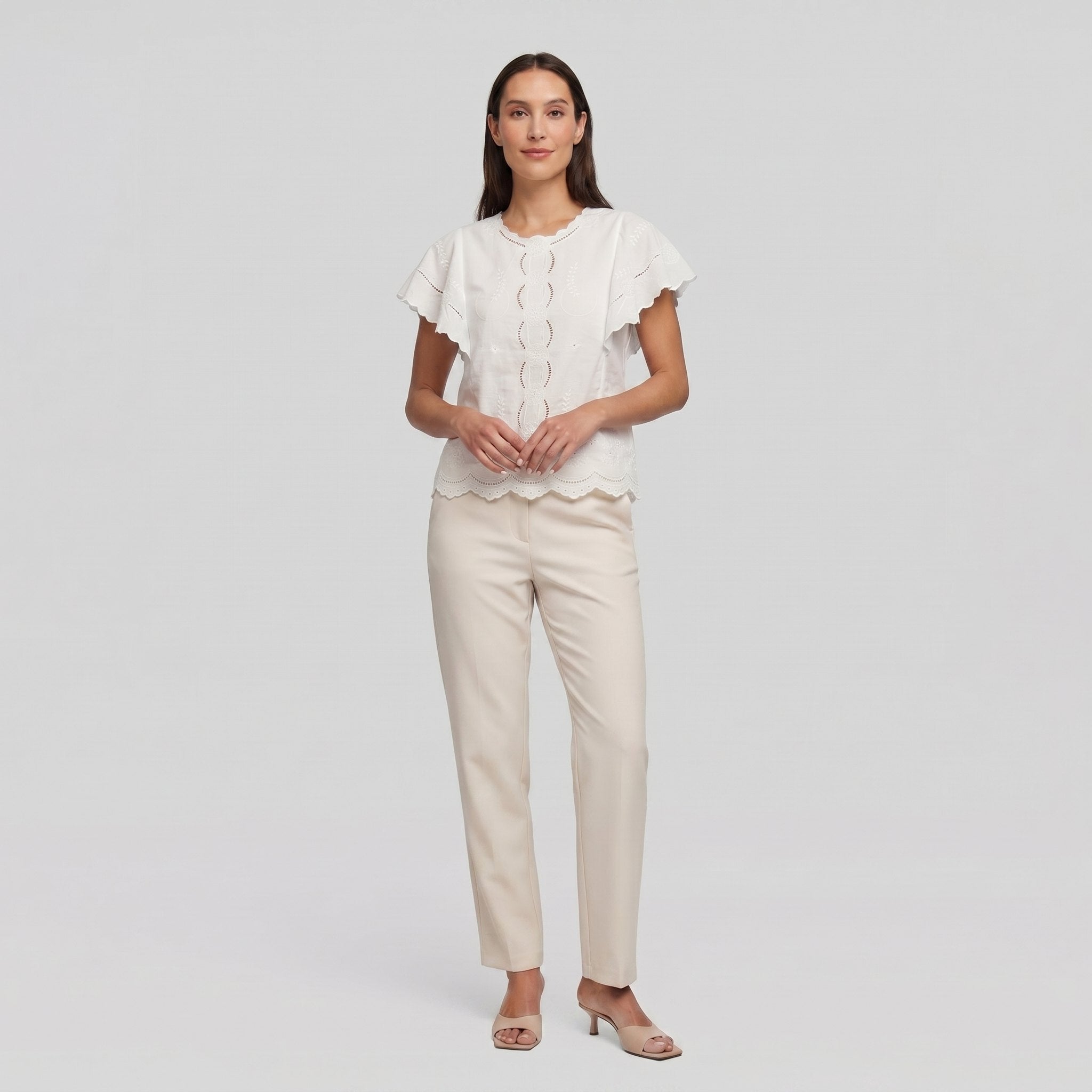 Pamela Boutique white broderie blouse flutter sleeve, model view