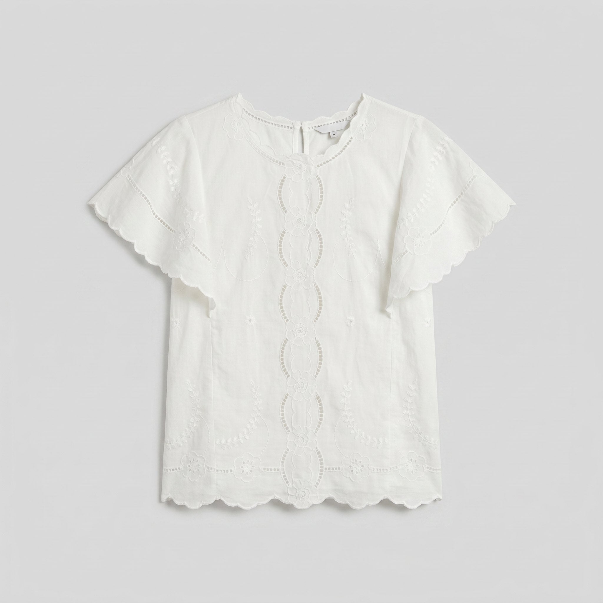 Pamela Boutique white broderie blouse flutter sleeve scalloped hem, product detail