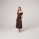Pamela Boutique Caden brown off-shoulder midi dress on model
