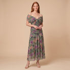 Pamela Boutique Caden dark green off-shoulder midi dress on model