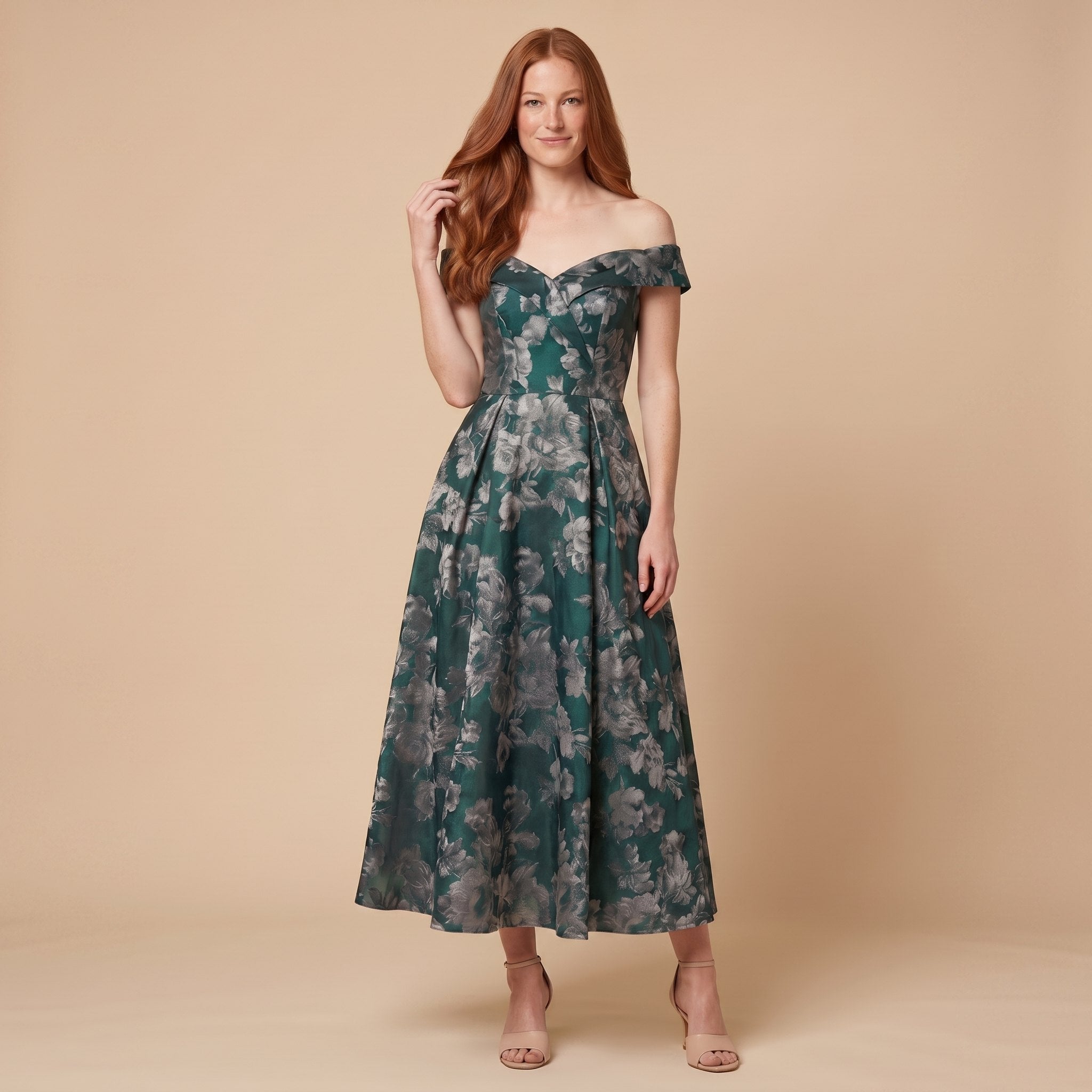 Pamela Boutique Caden multicolor off-shoulder midi dress on model