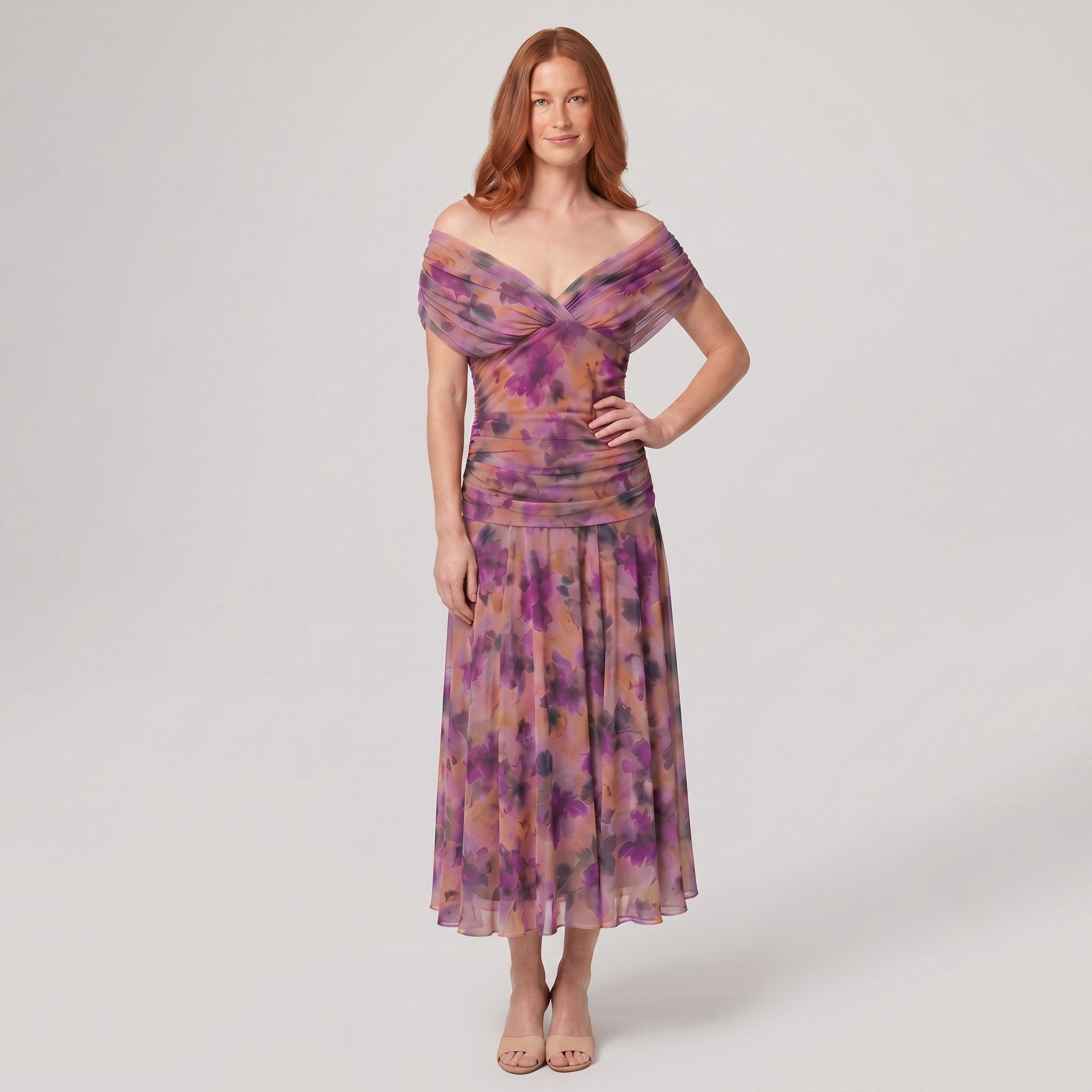 Pamela Boutique Caden purple off-shoulder midi dress on model