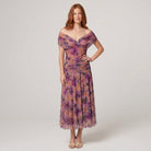 Caden off shoulder midi dress in purple, full length