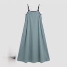 Sage-blue maxi slip dress with navy trim, product flat-lay