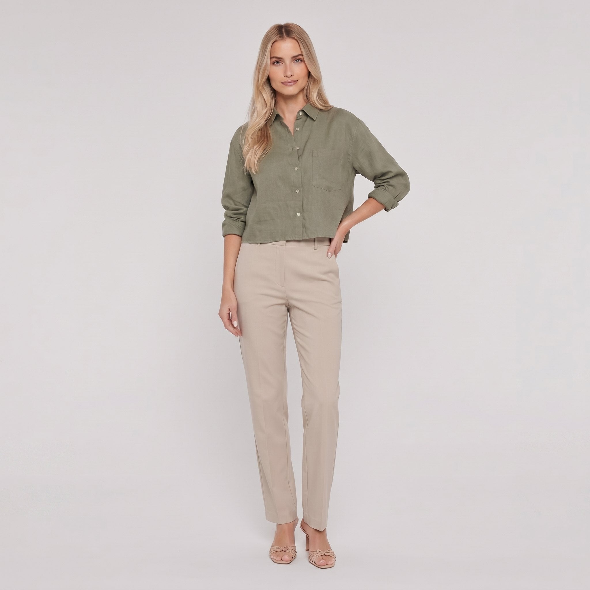 Model wearing forest green linen shirt - Cleo Women's Shirt