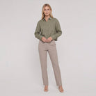 Model wearing forest green linen shirt front view - Cleo Women's Shirt