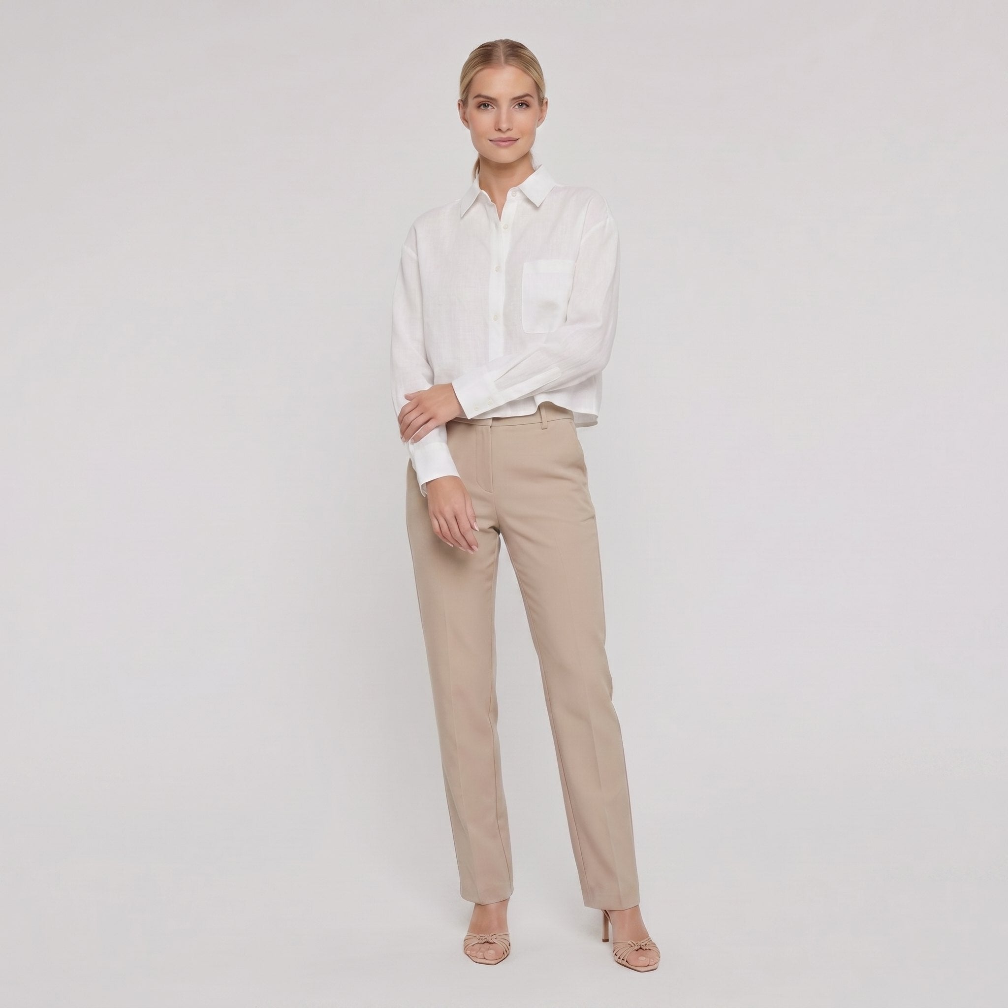 Model wearing white linen shirt - Cleo Women's Shirt