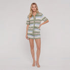 Cora Crochet Cover-Up Set in green chevron knit — open-knit button-up shirt and shorts