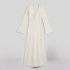 Ivory crochet knit maxi dress with bell sleeves, product flat-lay