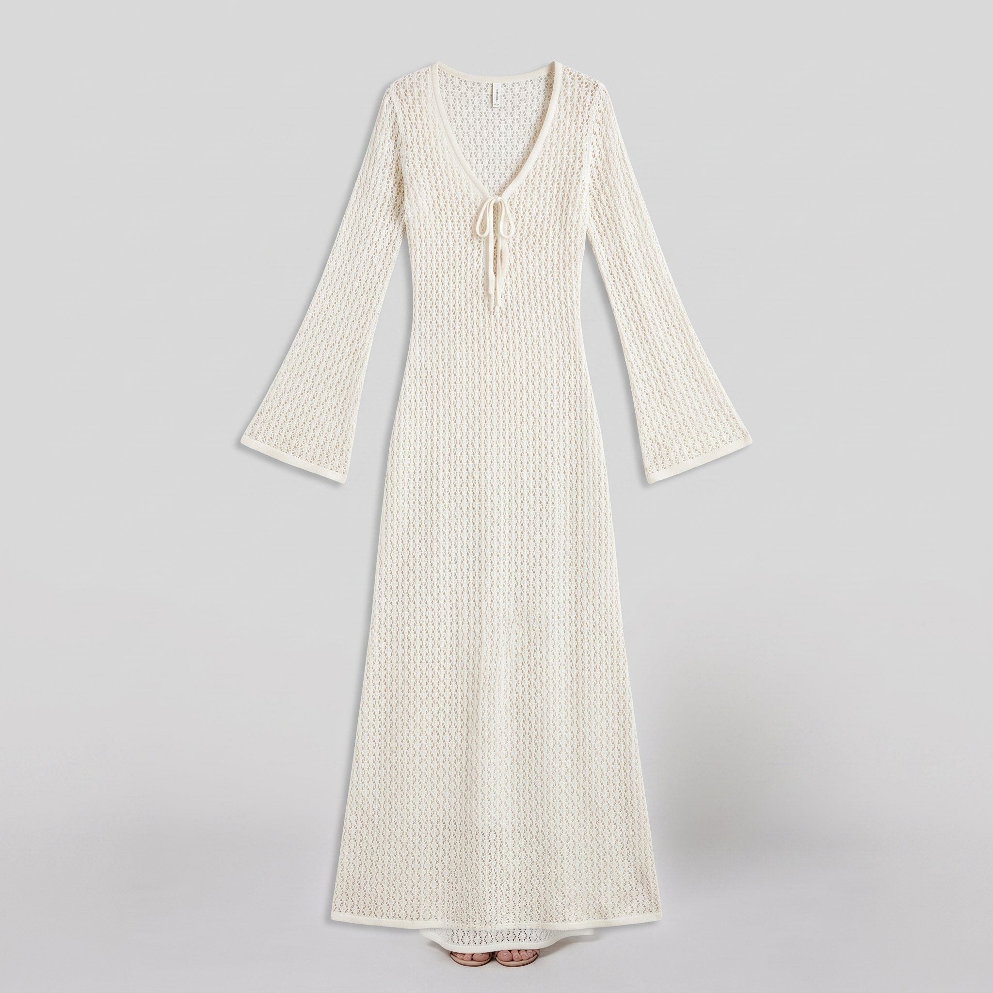 Ivory crochet knit maxi dress with bell sleeves, product flat-lay