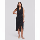 Black sleeveless V-neck draped twist-front midi dress with side slit