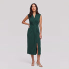 Dark emerald green sleeveless V-neck draped twist-front midi dress with side slit