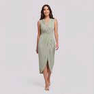 Sage light green sleeveless V-neck draped twist-front midi dress with side slit