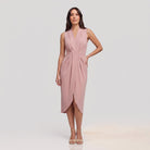 Dusty rose pink sleeveless V-neck draped twist-front midi dress with side slit