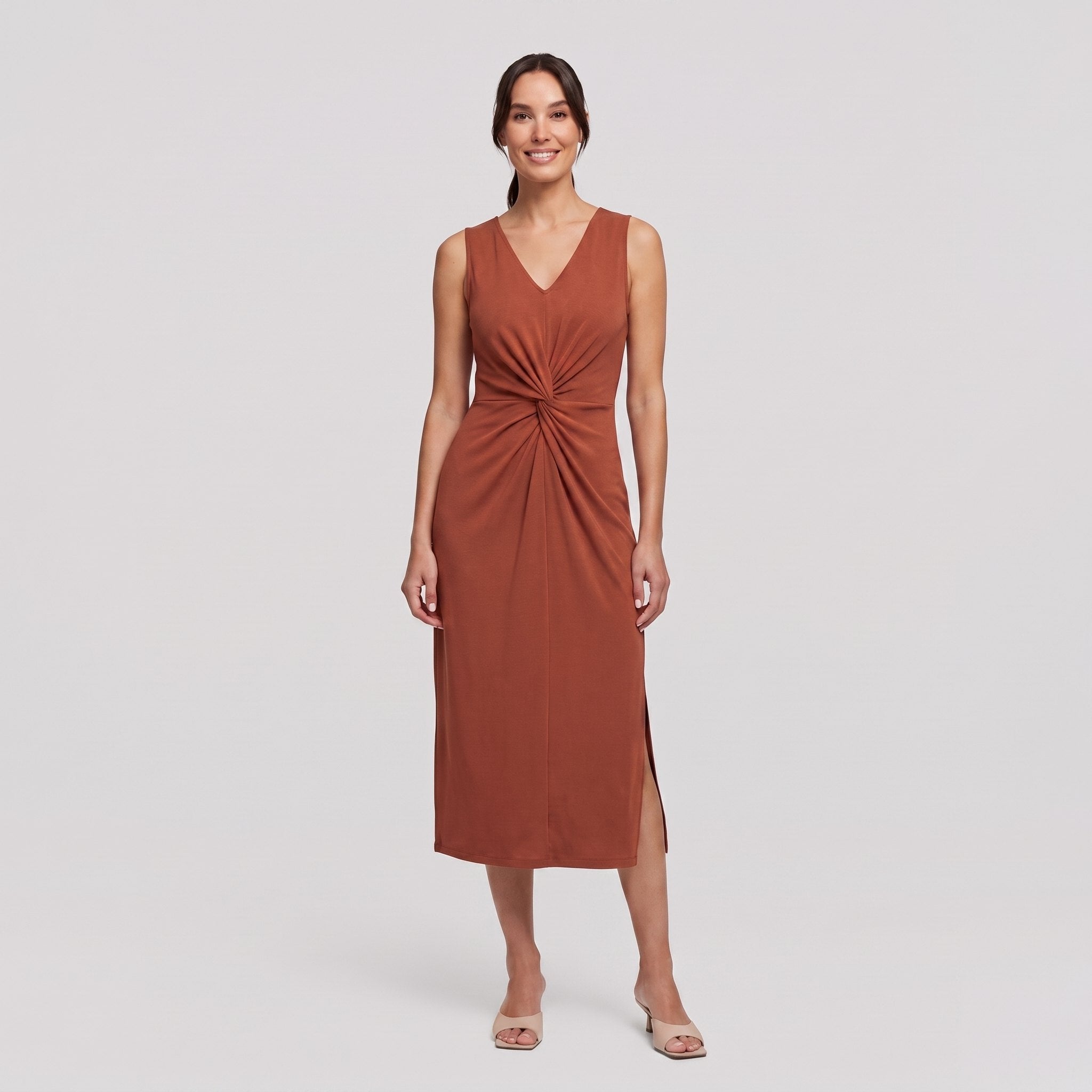 Rust brown sleeveless V-neck draped twist-front midi dress with side slit