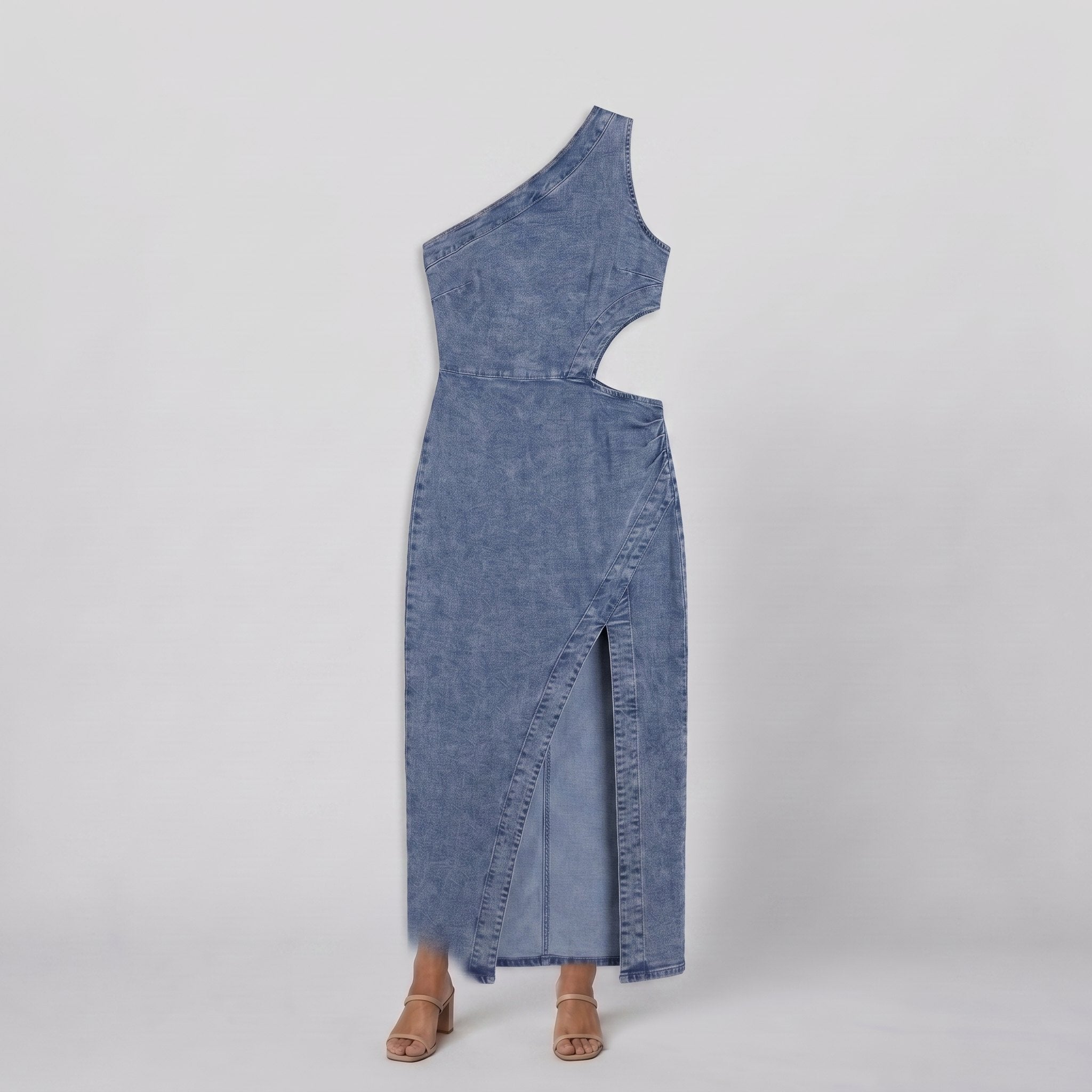 Steel blue denim one-shoulder cut-out midi dress product flat-lay
