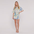 Sky blue and green printed camp-collar shirt and wrap shorts set, front