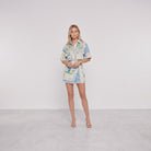 Sky blue and green printed shirt and wrap shorts set, full length