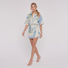 Sky blue and green printed shirt and wrap shorts set, side