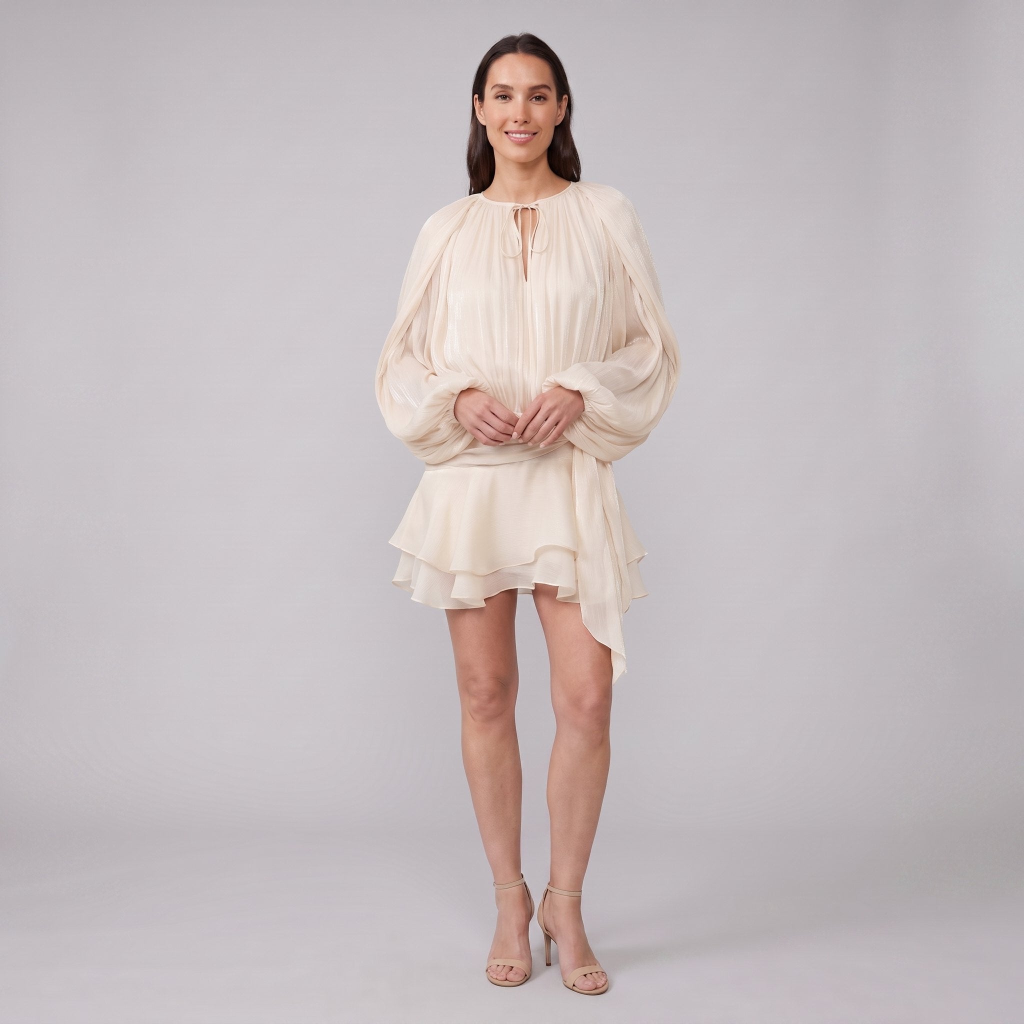 Cream ivory pleated chiffon mini dress, front view hands clasped