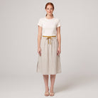 Natural linen A-line knee-length drawstring skirt, front view on model