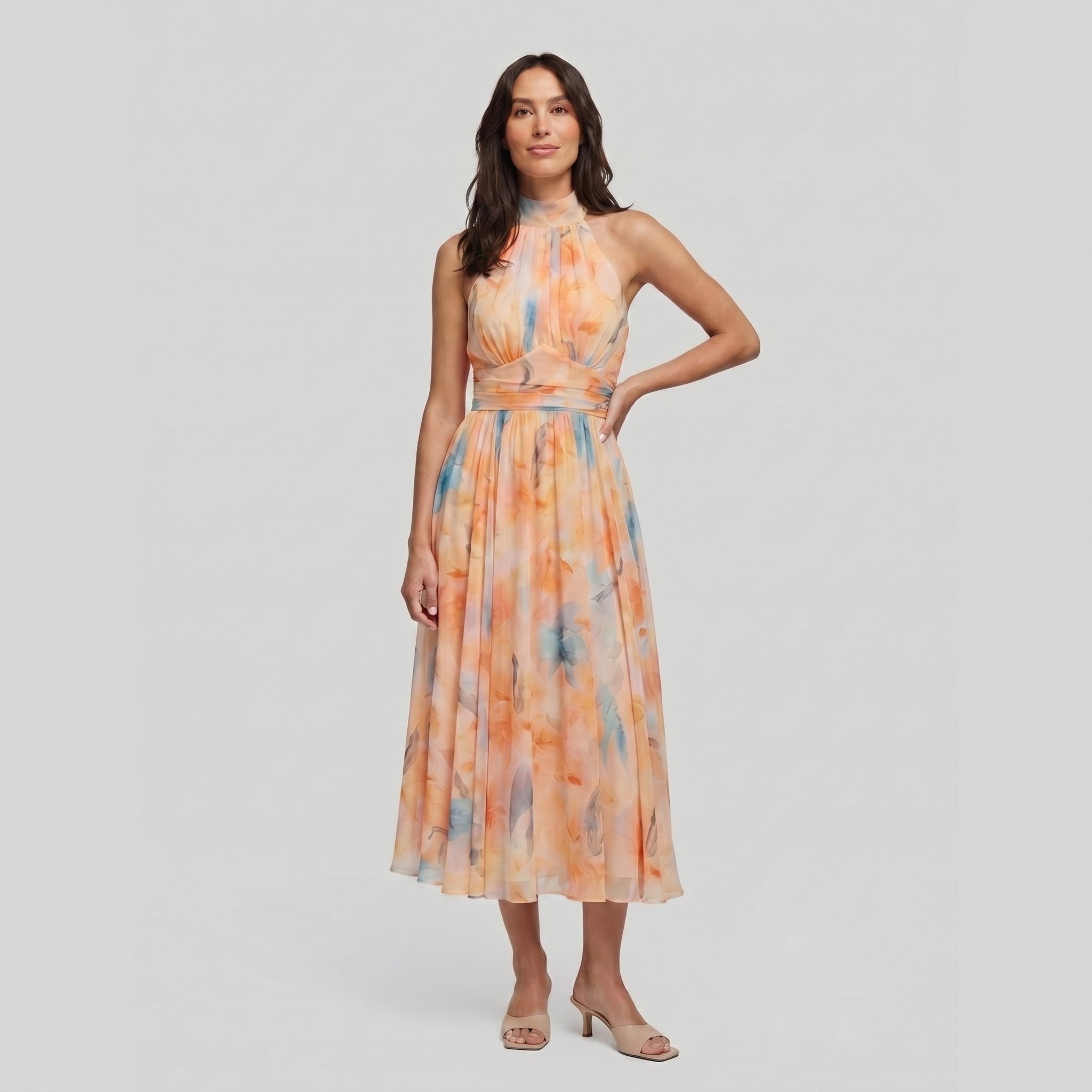 Elysian multicolor halter midi dress, full length