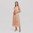 Elysian multicolor halter midi dress, three quarter view