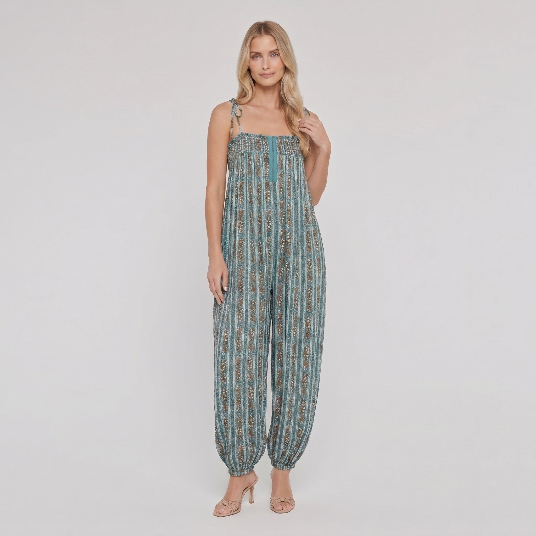 Elysian Womens Romper in teal blue striped paisley print - boho jumpsuit on model