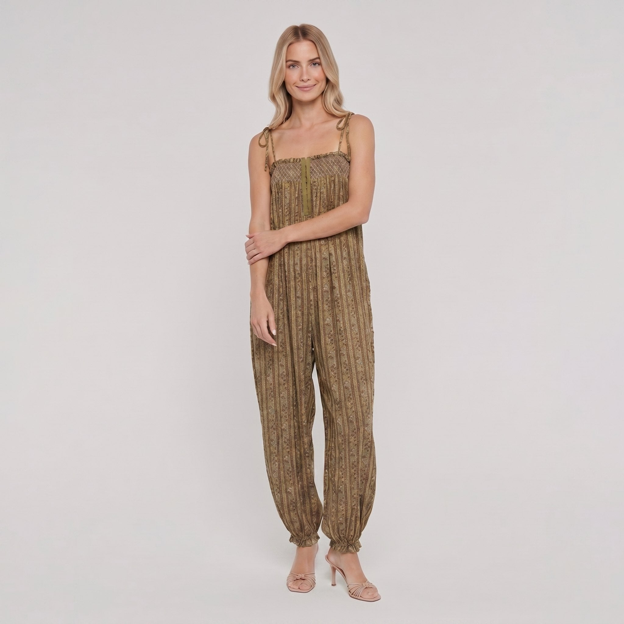 Elysian Womens Romper in olive khaki brown striped paisley print - boho jumpsuit on model