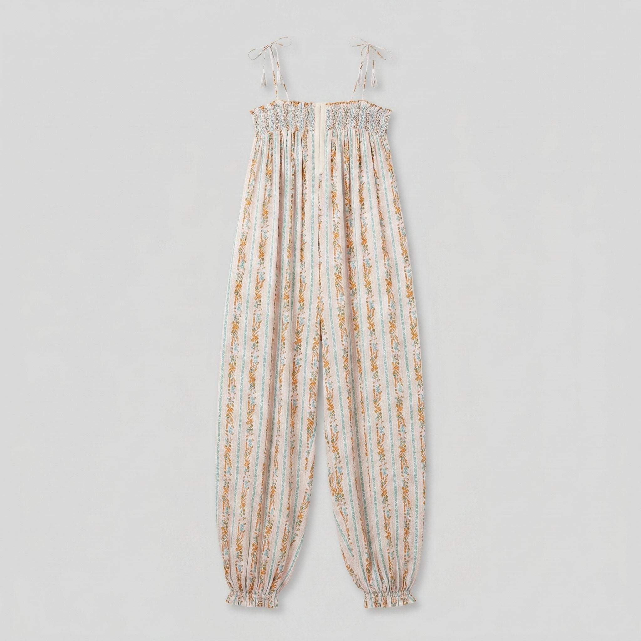 Elysian Womens Romper product flat-lay - cream white striped paisley boho jumpsuit detail