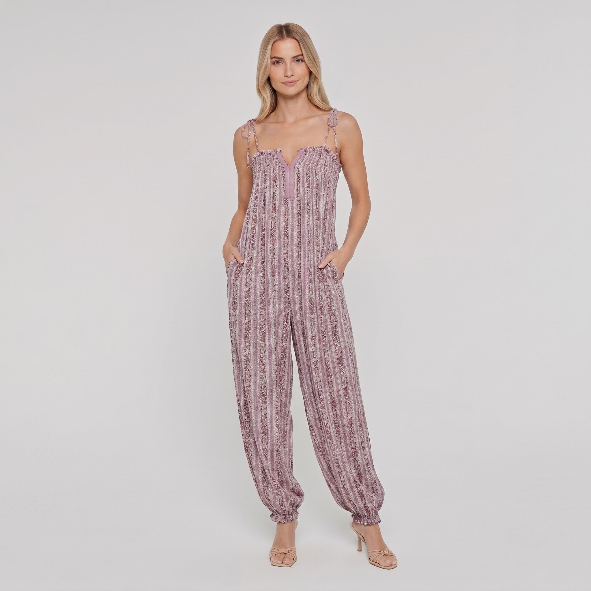 Elysian Womens Romper in lavender lilac striped paisley print - boho jumpsuit on model