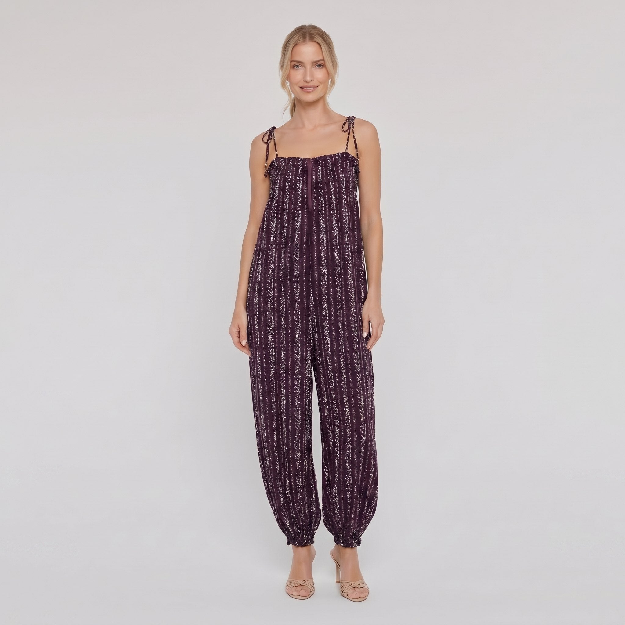 Elysian Womens Romper in deep purple aubergine striped paisley print - boho jumpsuit on model