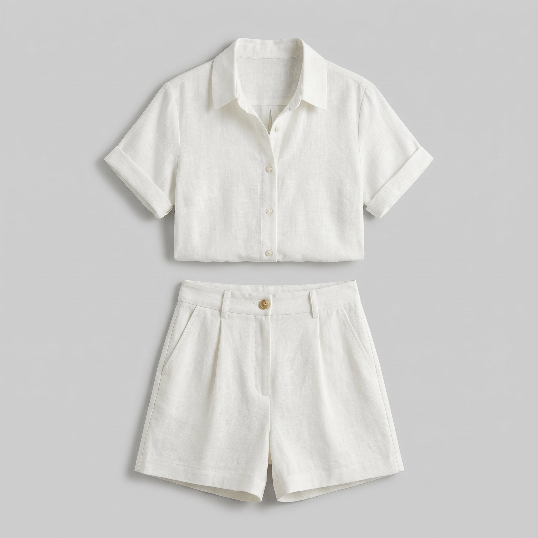 White linen camp-collar shirt and high-waist shorts set, product flat-lay