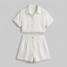 White linen camp-collar shirt and high-waist shorts set, product flat-lay