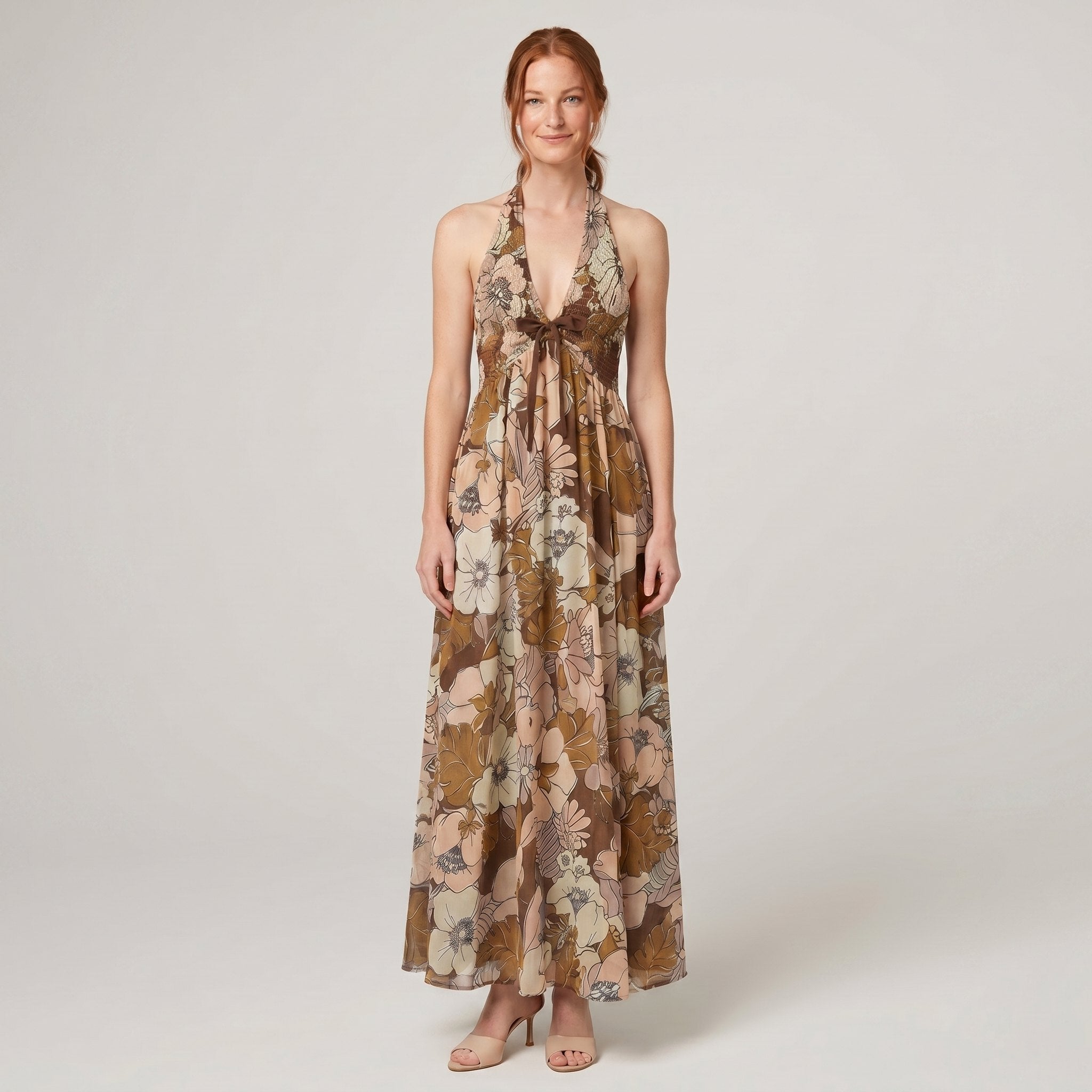 Fiona Maxi Dress in Autumn floral print - warm brown and tan halter-neck maxi dress on model