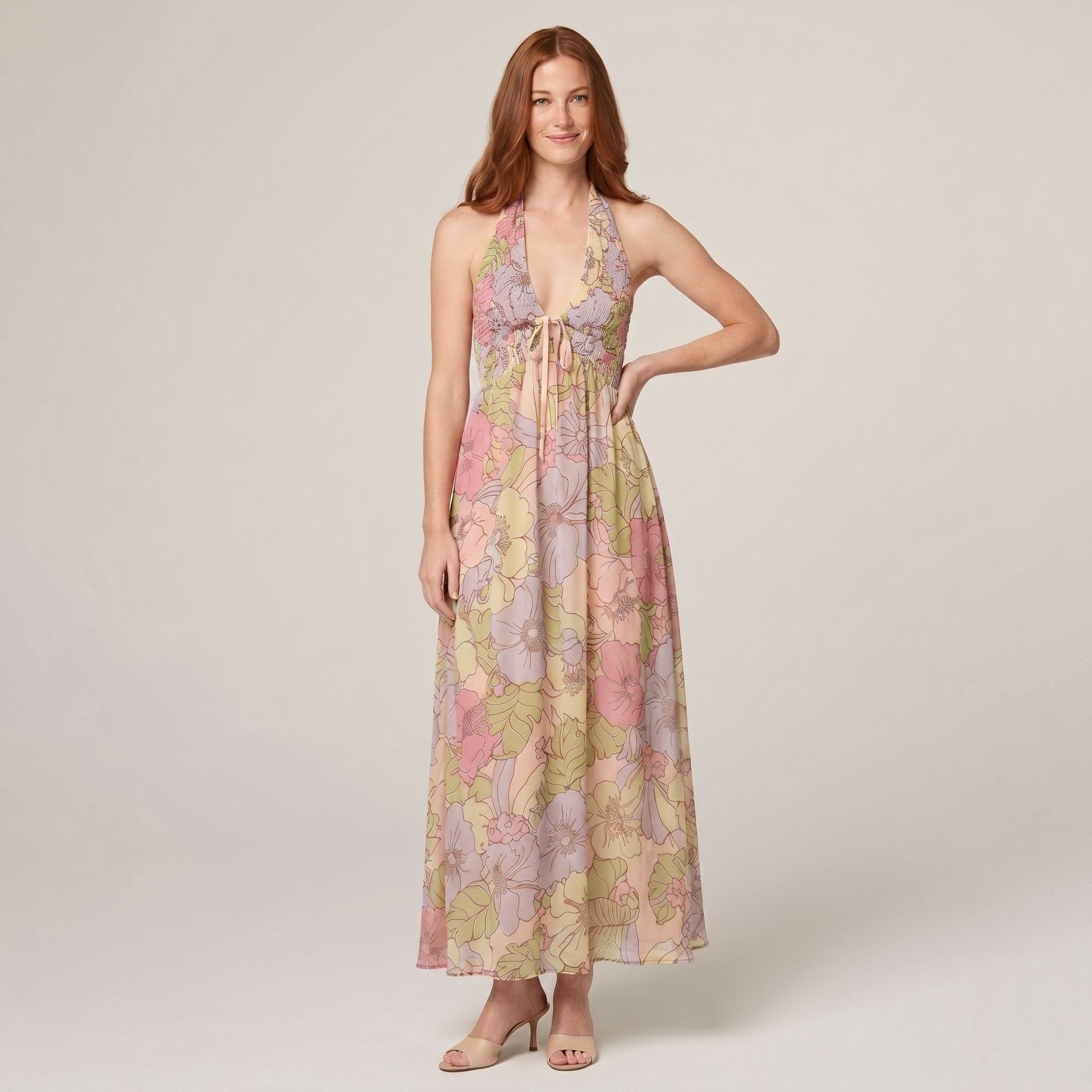 Fiona Maxi Dress in Garden floral print - pastel pink, lilac and yellow halter-neck maxi dress on model