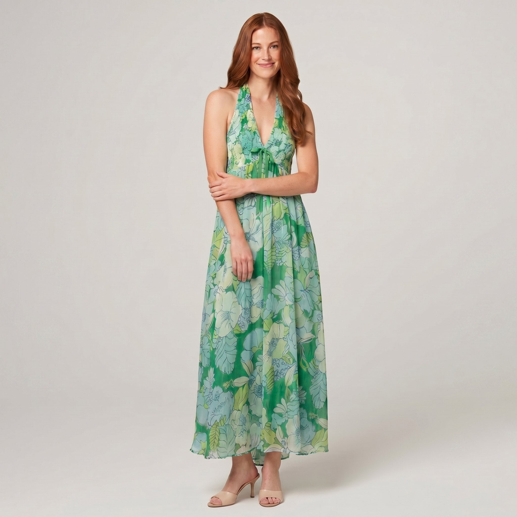 Fiona Maxi Dress in Ivy floral print - green halter-neck maxi dress on model