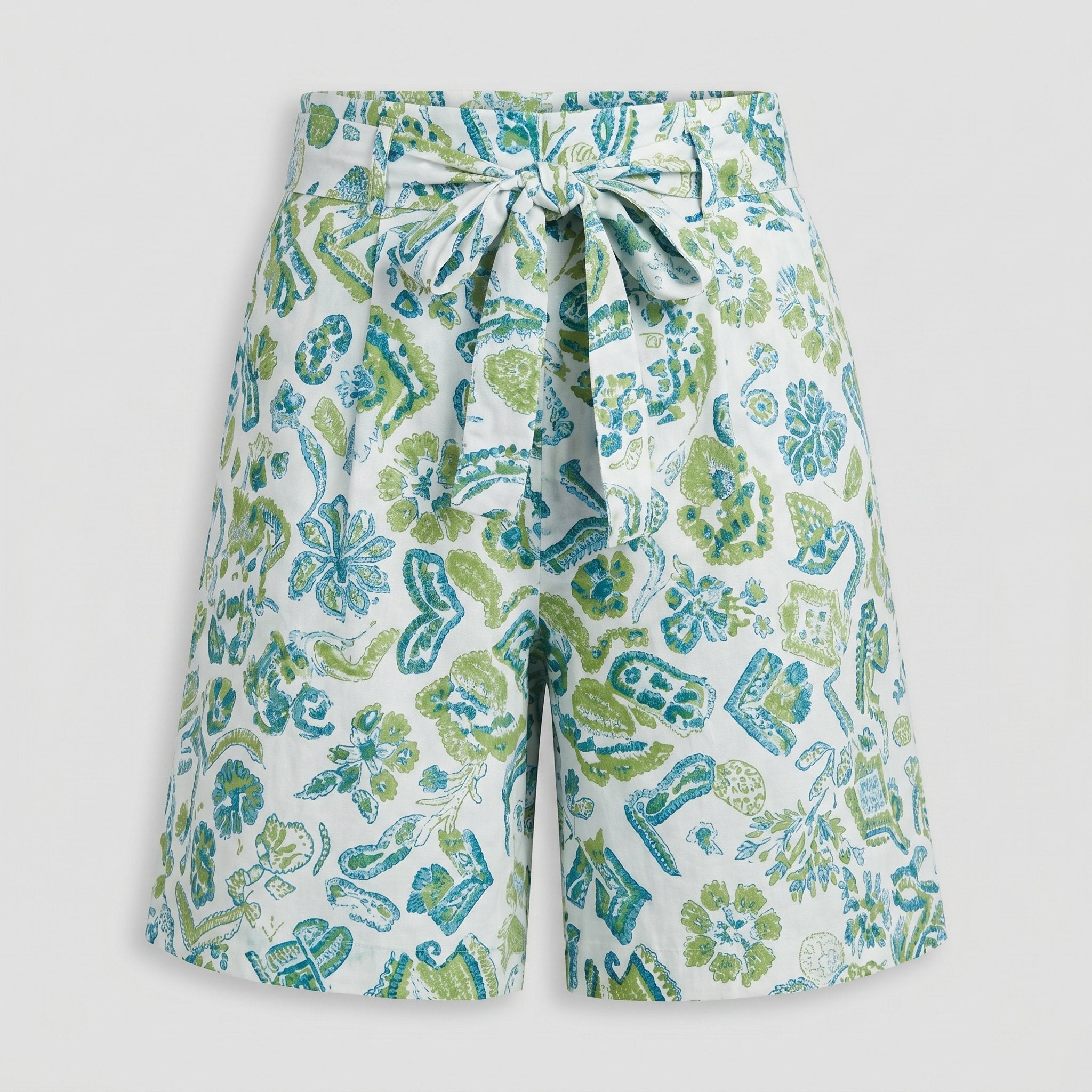 Pamela Boutique mint floral high-waist pleated shorts with tie belt, product detail