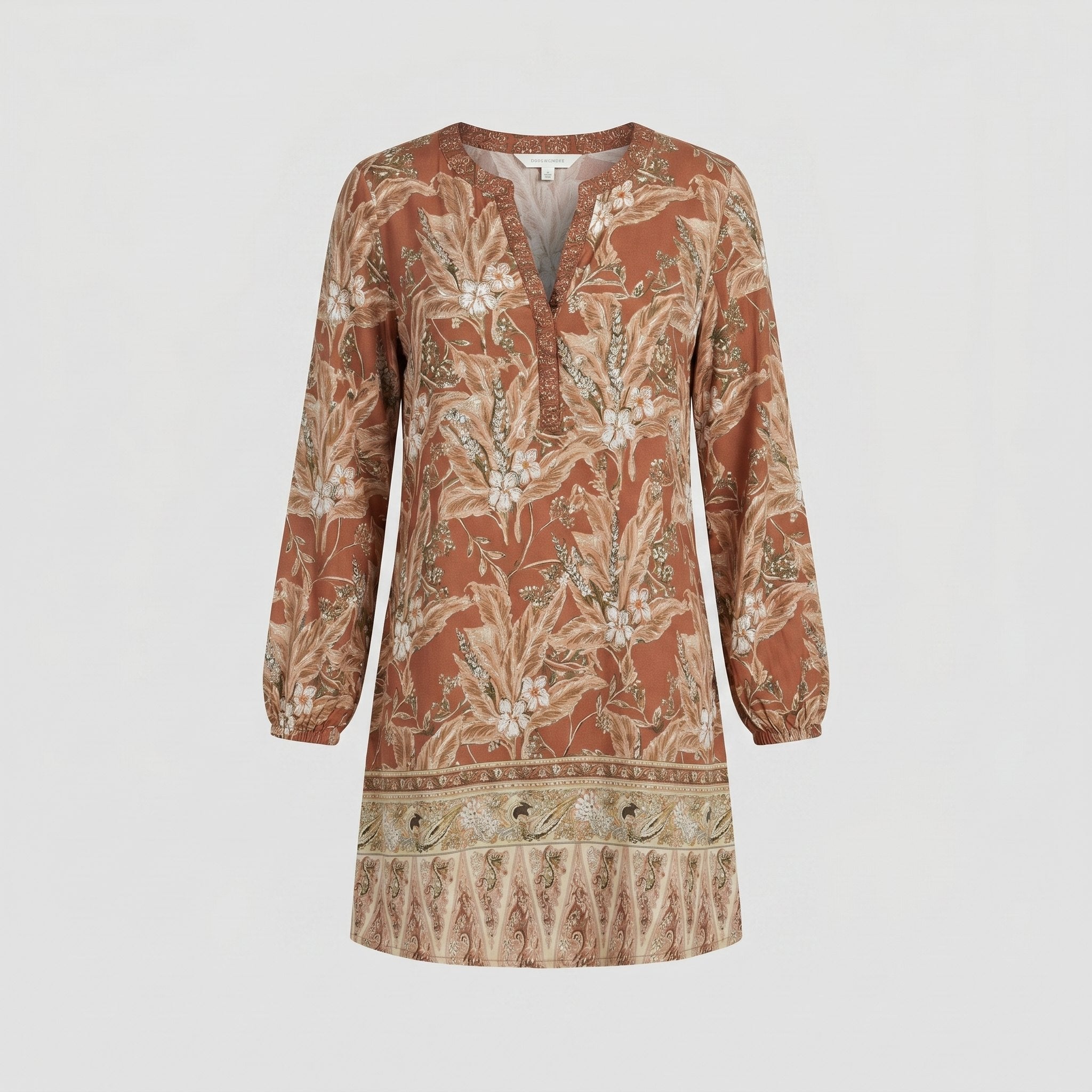 Brown floral V-neck long-sleeve shift mini dress product flat-lay
