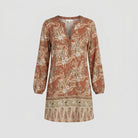 Brown floral V-neck long-sleeve shift mini dress product flat-lay