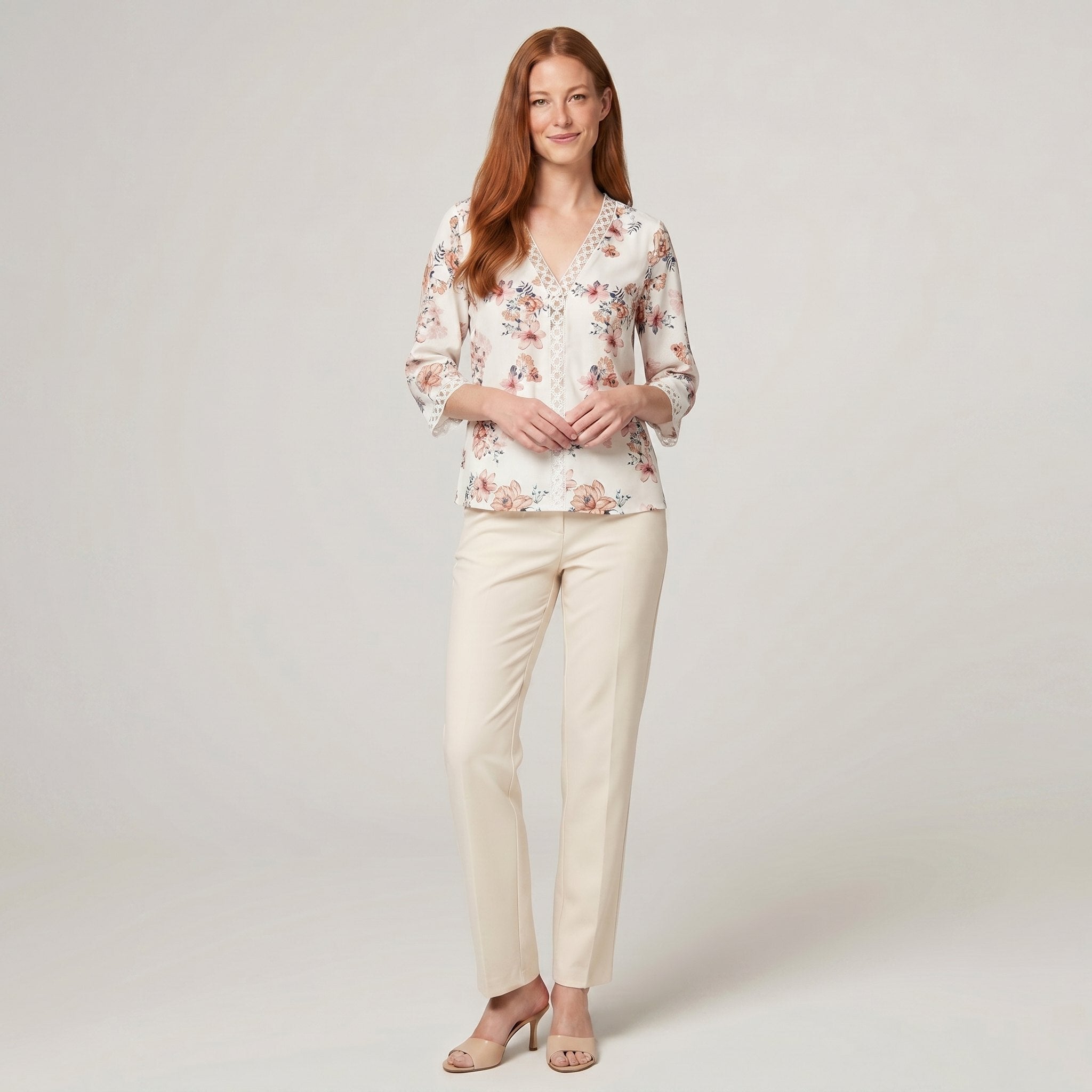 Pamela Boutique floral V-neck blouse, model view